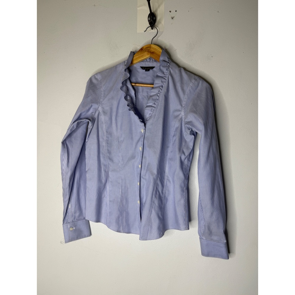 Brooks Brothers Blue White Striped Ruffle Collar Button Down Shirt Womens 8